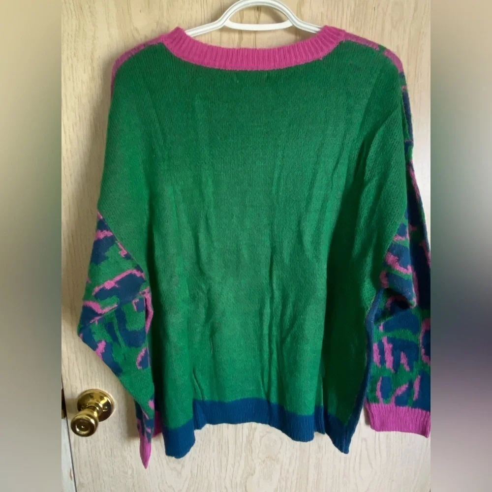 Umgee Colorblock Leopard Pullover Sweater in Green Mix NWT Sz Large